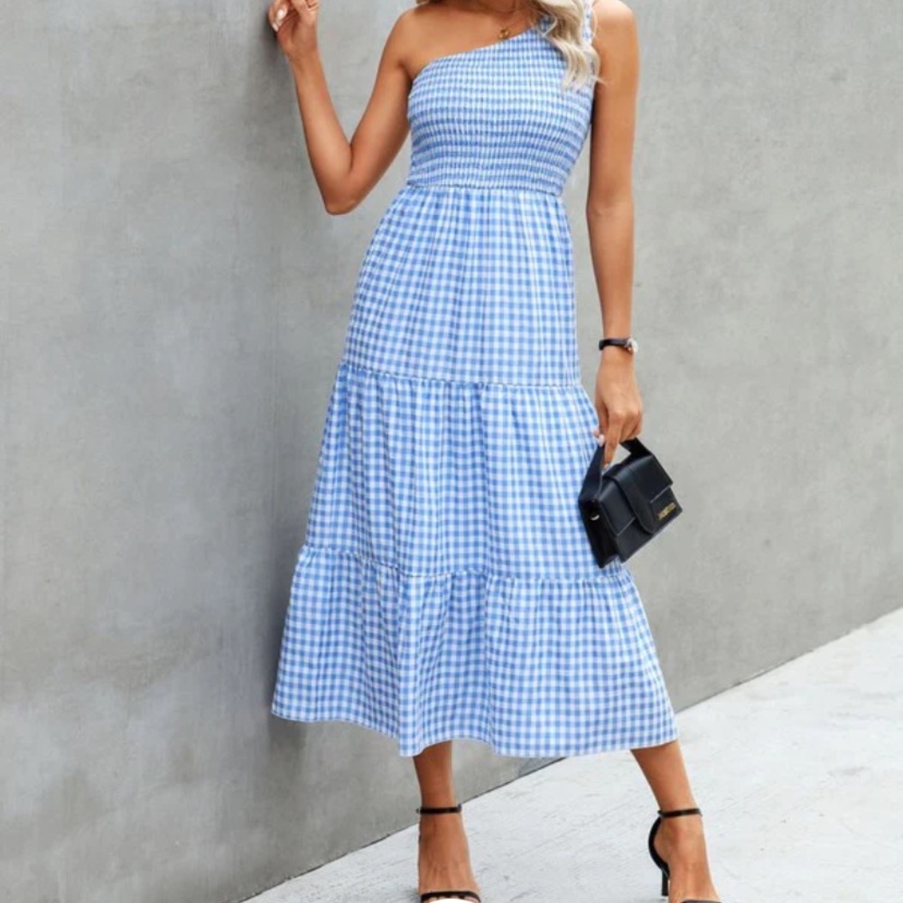 MOD GODDESS LAUREN ONE SHOULDER BLUE MIDI GINGHAM DRESS XL